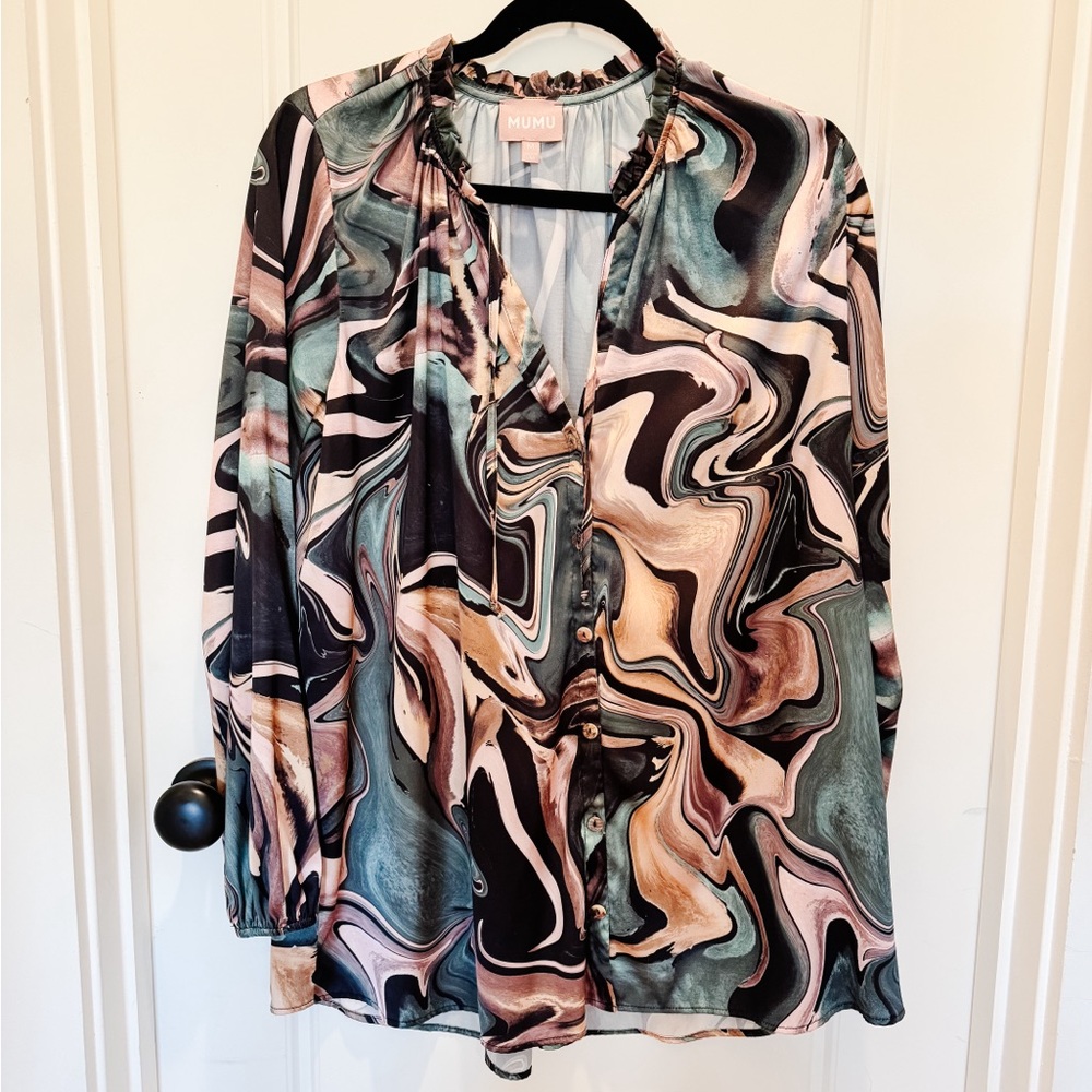 Show Me Your Mumu size Medium Geode button down Blouse, green, brown black